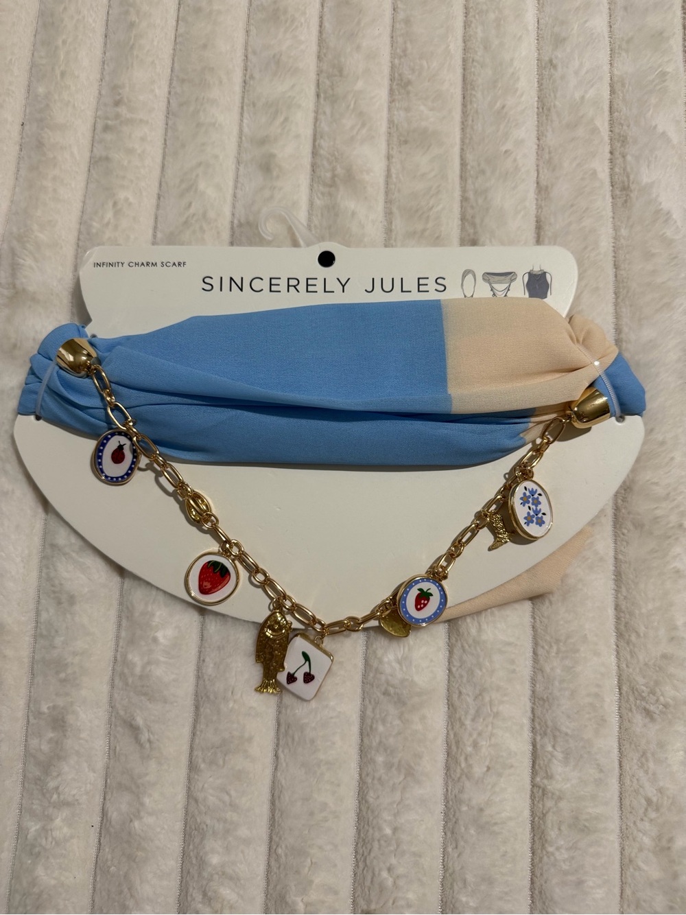 Sincerely Jules Blue & Cream Infinity Scarf with Gold Charm Chain
